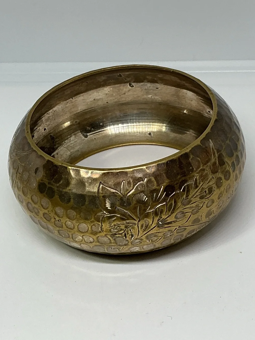 Vintage Hammered Brass Wide Cuff Bangle Bracelet Etched Thistle Floral Design